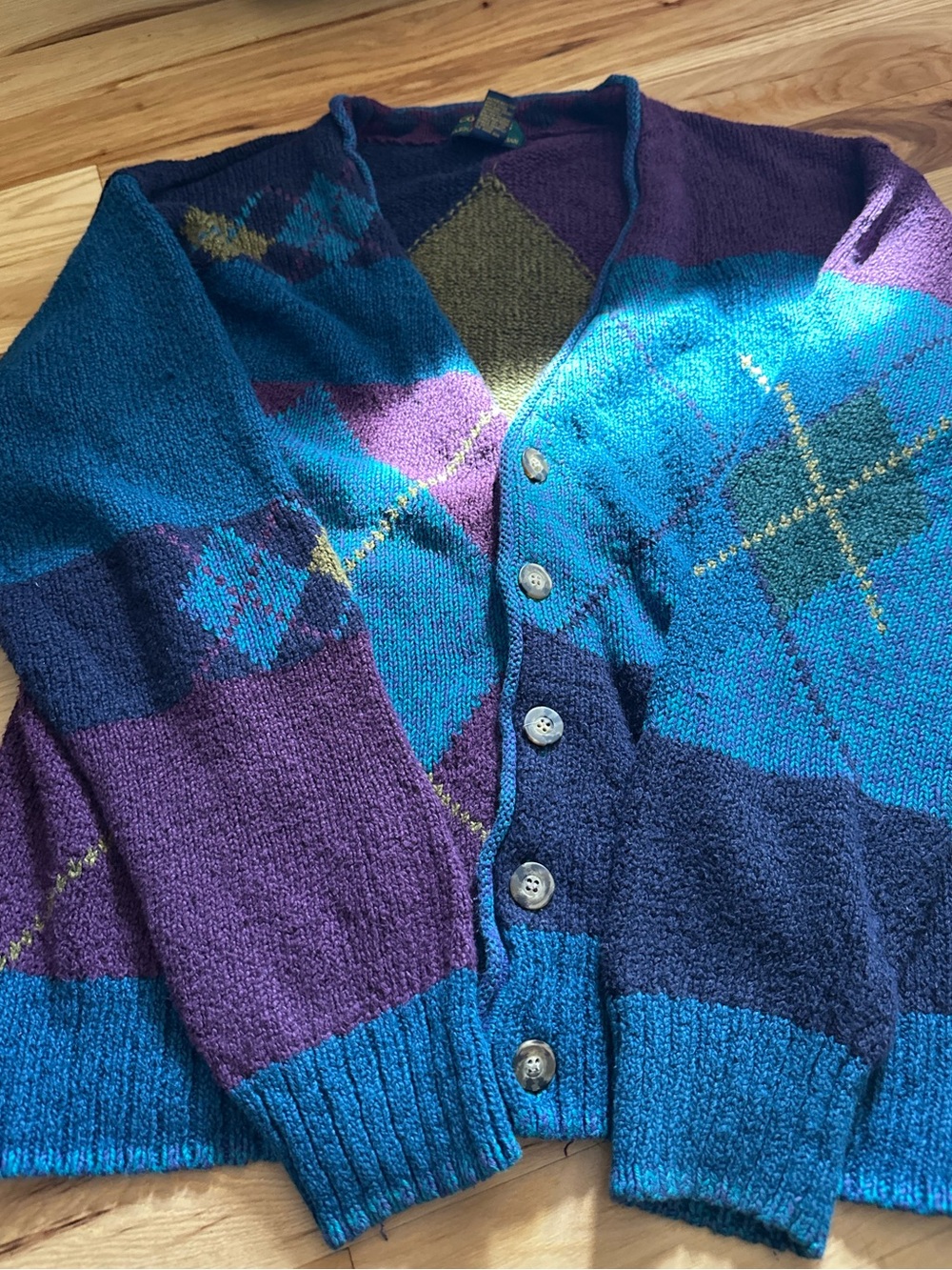 Linen/cotton blend Men's Teal & Purple Argyle Button-Front Cardigan Sweater